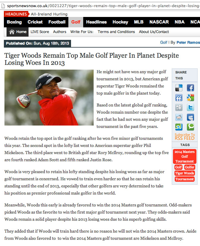 Tiger Woods top golfer in planet...